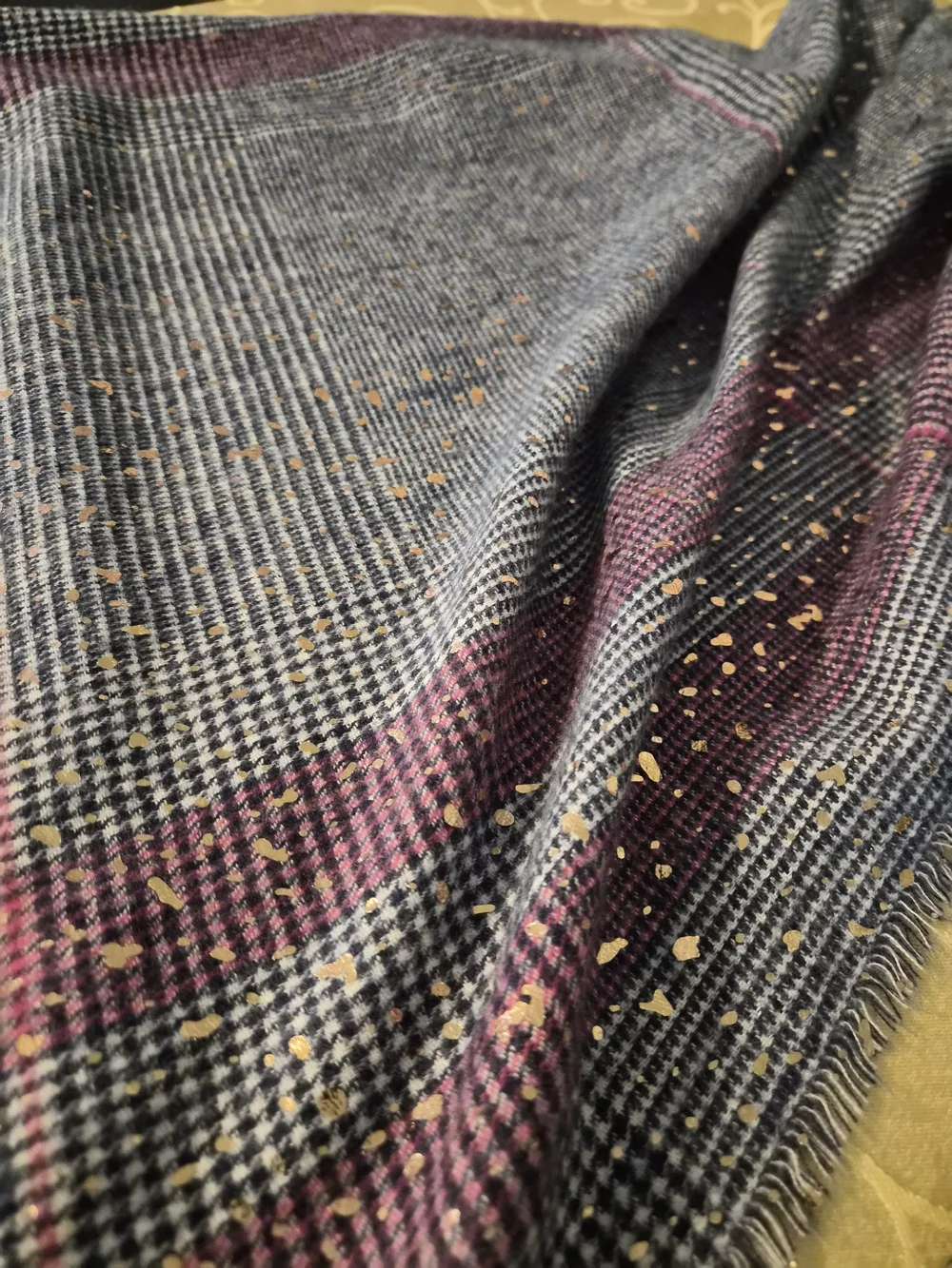 Top It Off sequin and purple plaid scarves